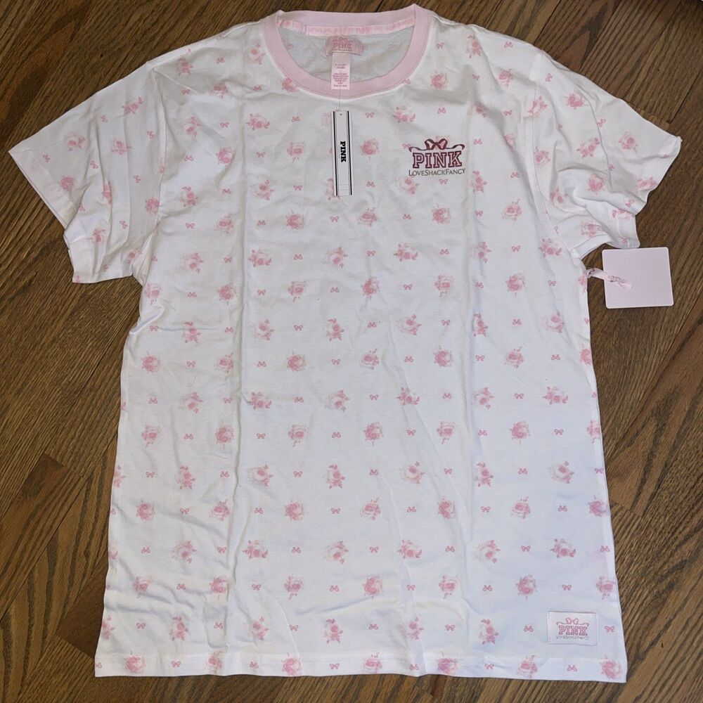 PINK x LoveShackFancy Campus Oversize Tee ROSE DOT WHITE T-shirt Small NWT